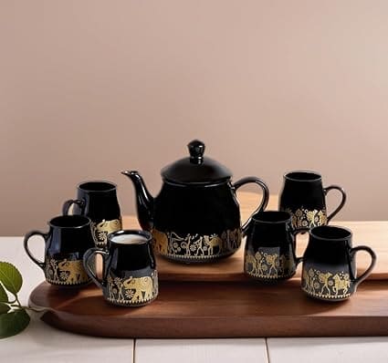 MITHILA HANDICRAFTS Hand-Painted Ceramic Tea Cup Set with Kettle Set of 7 | 6 Coffee Tea Cups | 1 Kettle (Black)