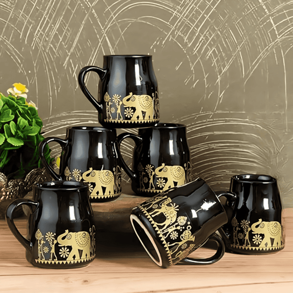 MITHILA HANDICRAFTS Ceramic Tea Cup Set of 6 (150 ML Each) Black