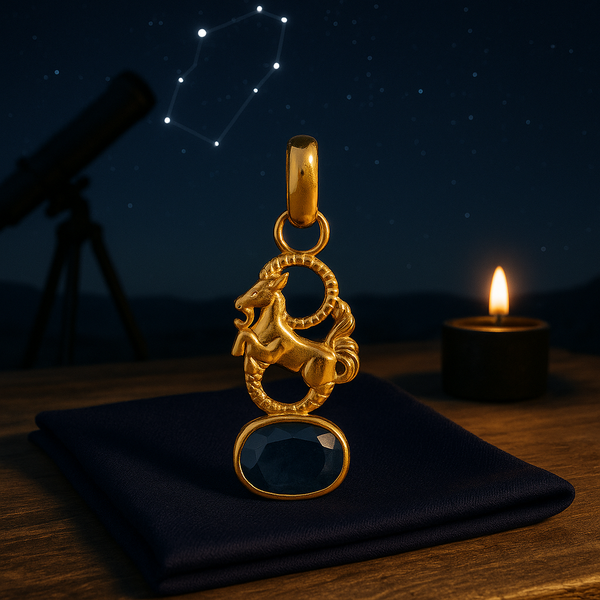 Blue Sapphire Panchdhatu Pendant – Capricorn Zodiac Design | Lab Certified