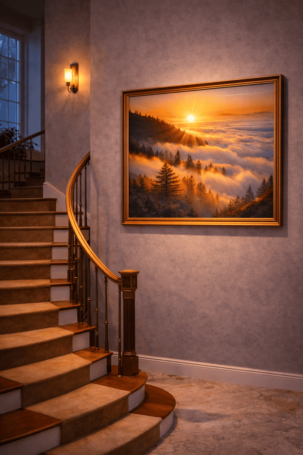 Misty Pine Valley Canvas Vastu Painting | Staircase & Hallway Wall Decor | 24x24 Inch (2x2 Feet) Canvas Wall Painting for Home