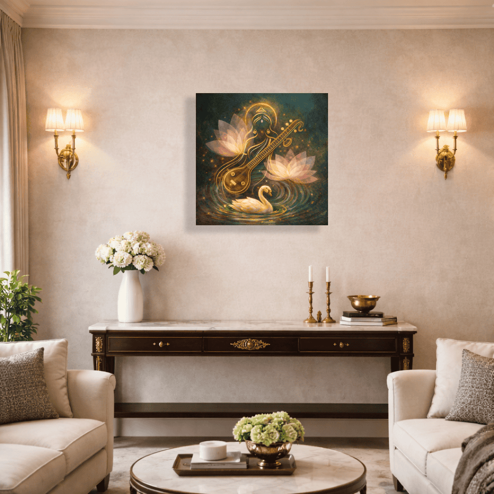 Lotus Swan Saraswati Canvas Vastu Painting | Study Room Wall Decor | 24x24 Inch (2x2 Feet) Canvas Wall Painting for Home