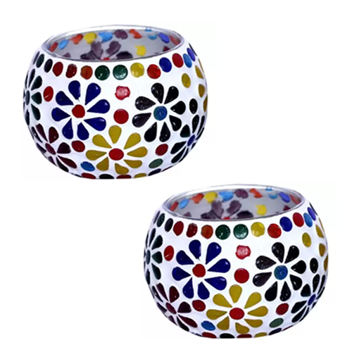 MITHILASHRI Mosaic Glass Votive Light — Set of 2/4/6 Mosaic Glass Votive Tealight Candle Holders Large - Diwali Decoration Items for Diwali Decoration Items for Home Living Room