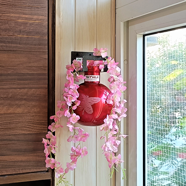 ROUND GLASS VASE(RED) WITH IRON HANGER AND ARTIFICIAL PINK FLOWERS- LARGE-BUTTERFLY
