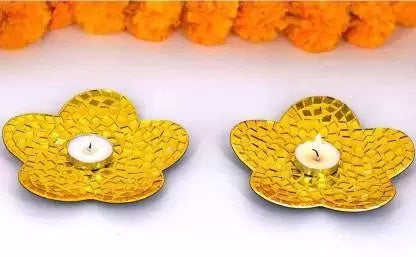 Mithilashri Elegant Tealight Handmade Mirror-Flower Shape Candle Holder -Set of 2 Power Coated Tea Light Holder- Gold/Blue Colour | for Party | Festival | Celebrations | Gift | Lighting-Decoration | with Tea Light |