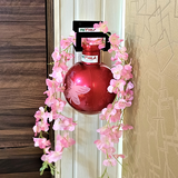 ROUND GLASS VASE(RED) WITH IRON HANGER AND ARTIFICIAL PINK FLOWERS- LARGE-BUTTERFLY
