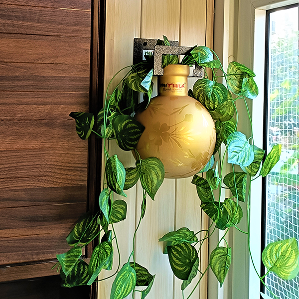 ROUND GLASS VASE (GOLD) WITH IRON HANGER ARTIFICIAL MONEY PLANT