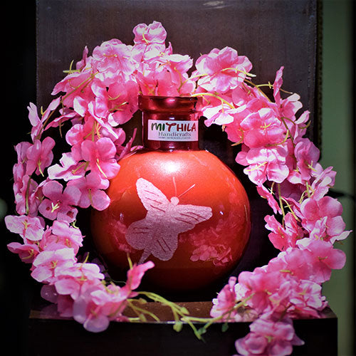 ROUND GLASS VASE(RED) WITH ARTIFICIAL PINK FLOWERS- LARGE-BUTTERFLY