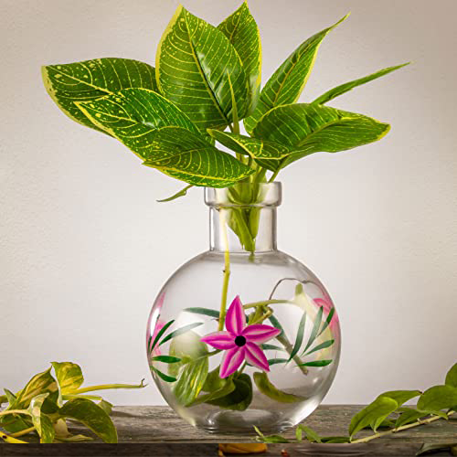 Mithilashri Round Flower Glass Vase 20X16 Cm Elegant Flower Designed Vase For Money Plant, Lucky Bamboo Plant
