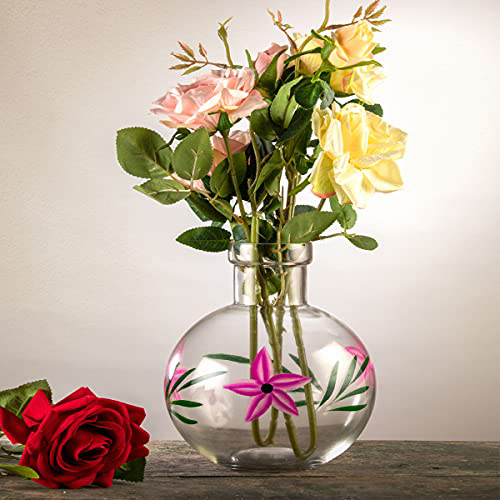 Mithilashri Round Flower Set of 2 Glass Vase 20X16 Cm Elegant Flower Designed Vase For Money Plant, Lucky Bamboo Plant