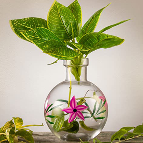 Mithilashri Round Flower Glass Vase 12X10 Cm Elegant Flower Designed Vase For Money Plant, Lucky Bamboo Plant | Flower Pot