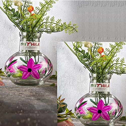 Mithilashri Round Flower Glass Vase Set of 2 12X10 Cm Elegant Flower Designed Vase For Money Plant, Lucky Bamboo Plant