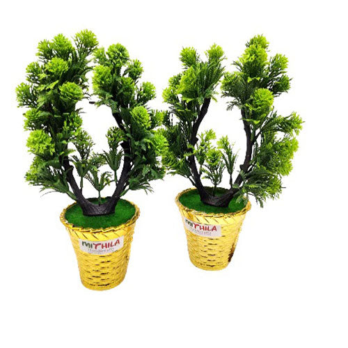 Artificial Plants Potted Fake  Mini Green Namaste plant in  Golden Plastic Pot set of 2 for Outdoor and Indoor Home Desk DÃ©cor