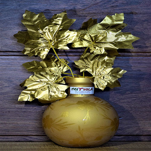 ROUND GLASS VASE (GOLD) WITH ARTIFICIAL GOLDEN LEAVES-LARGE