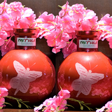 ROUND GLASS VASE(RED) WITH ARTIFICIAL PINK FLOWERS- SET OF 2 - LARGE-BUTTERFLY