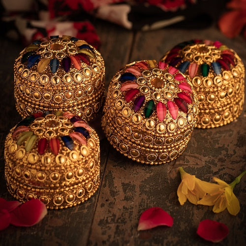 JEWELD TRINKET BOX WITH MULTI COLOR GEMSTONES - SET OF 4 - Med-Size 4 x 6 X 6 cm