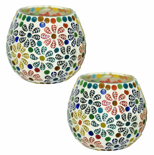 MITHILASHRI Mosaic Glass Votive Light — Set of 2 Mosaic Glass Votive Tealight Candle Holders Large- Diwali Decoration Items for Diwali Decoration Items for Home Living Room