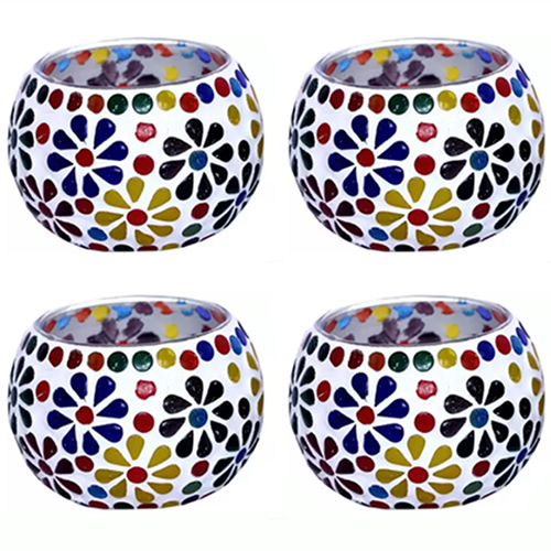 Mithilashri Mosaic Glass Votive Light — Set of 4 Mosaic Glass Votive Tealight Candle Holders Small- Diwali Decoration Items for Diwali Decoration Items for Home Living Room