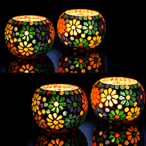 Mithilashri Mosaic Glass Votive Light — Set of 4 Mosaic Glass Votive Tealight Candle Holders Small- Diwali Decoration Items for Diwali Decoration Items for Home Living Room