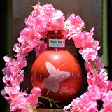 ROUND GLASS VASE(RED) WITH ARTIFICIAL PINK FLOWERS- LARGE-BUTTERFLY