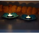 Mithilashri Elegant Tealight Handmade Mirror-Flower Shape Candle Holder -Set of 2 Power Coated Tea Light Holder- Gold/Blue Colour | for Party | Festival | Celebrations | Gift | Lighting-Decoration | with Tea Light |