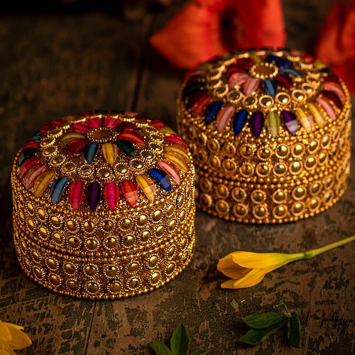 JEWELD TRINKET BOX WITH MULTI COLOR GEMSTONES - SET OF 2 - Large-Size 5 x 7 x 7 cm